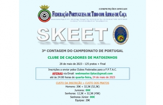 3.ª Contagem do Campeonato de Portugal da modalidade SKEET realiza-se este domingo no Clube de Caçadores de Matosinhos